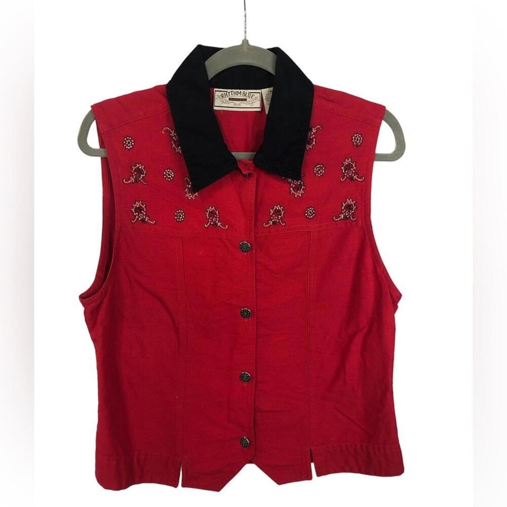 Rhythm Blue Women’s Vest Red Cotton Metal Buttons Embroidered Western